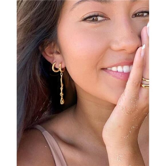 18K Gold Bar Earrings | Minimalist Lava Melt Dangle Leverback Hoops - Picture 2 of 5